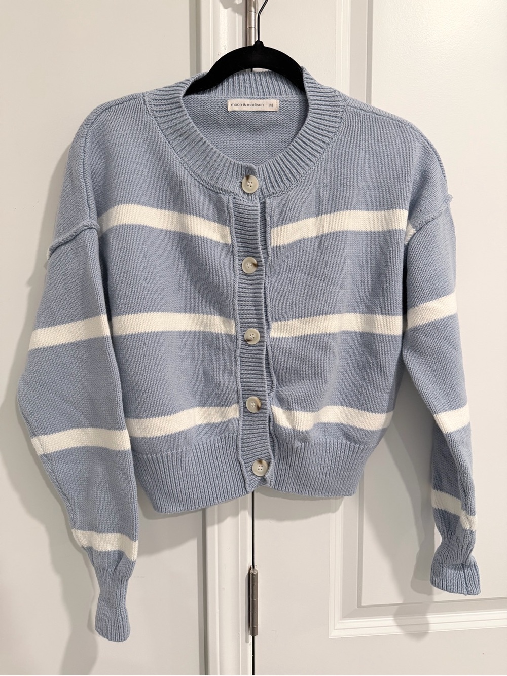 moon & madison Pale Blue and White Striped Button-Up Cardigan